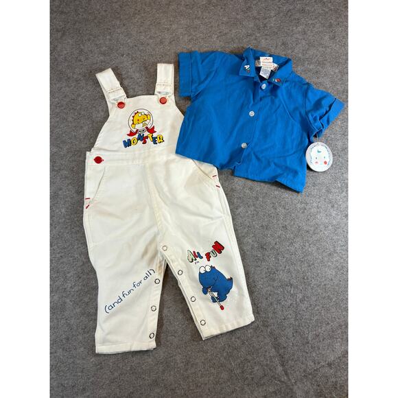 VINTAGE 90s Offspring Mini Monster Overalls Shirt Set Toddler 18M White Blue NWT - Picture 1 of 8